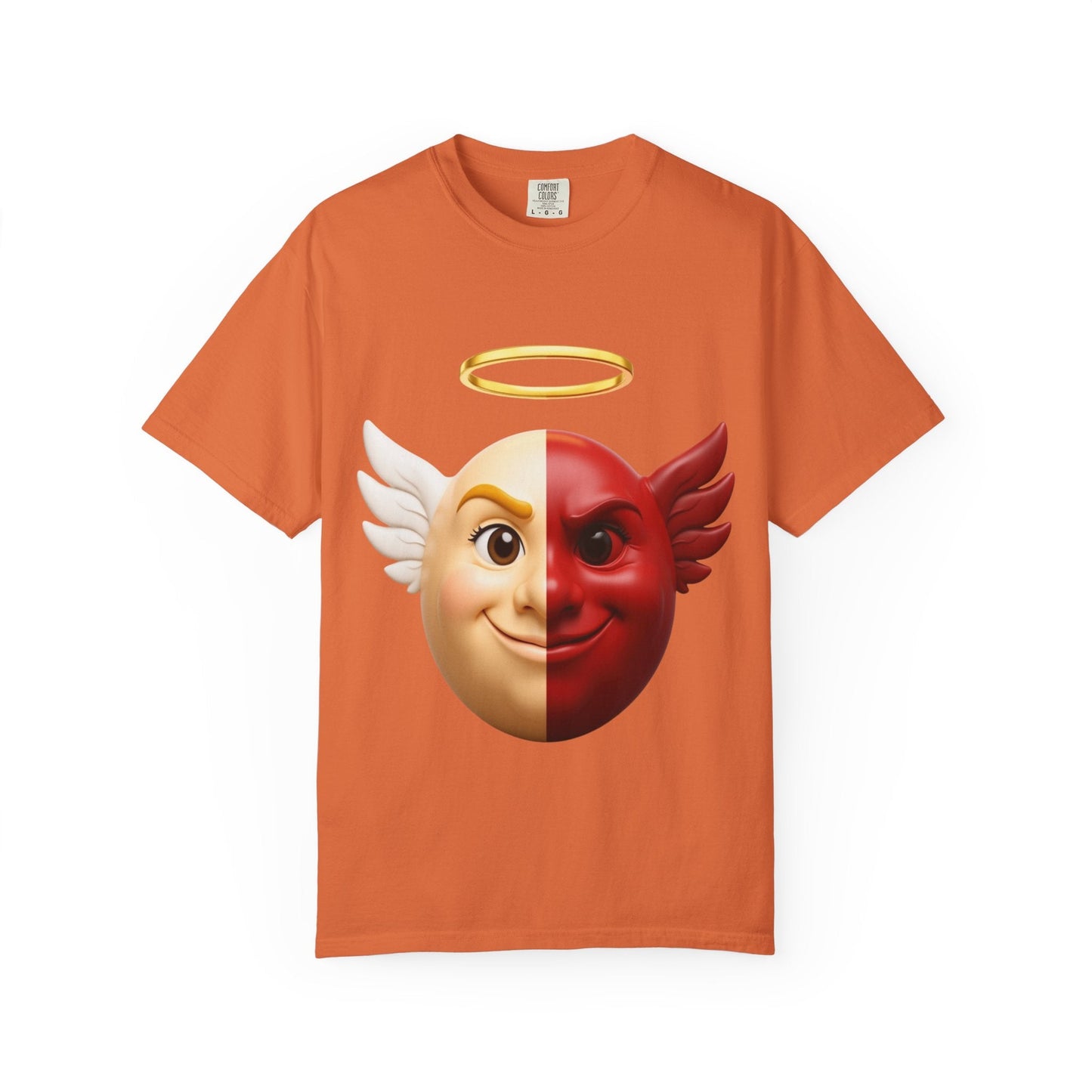 Angel Devil Split Face T-shirt | Duality Emoji Character Graphic – Custom T-Shirt by PixelCraft360, unique decoration for events and special gifts