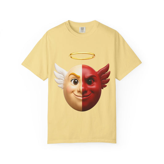 Angel Devil Split Face T-shirt | Duality Emoji Character Graphic – Custom T-Shirt by PixelCraft360, unique decoration for events and special gifts