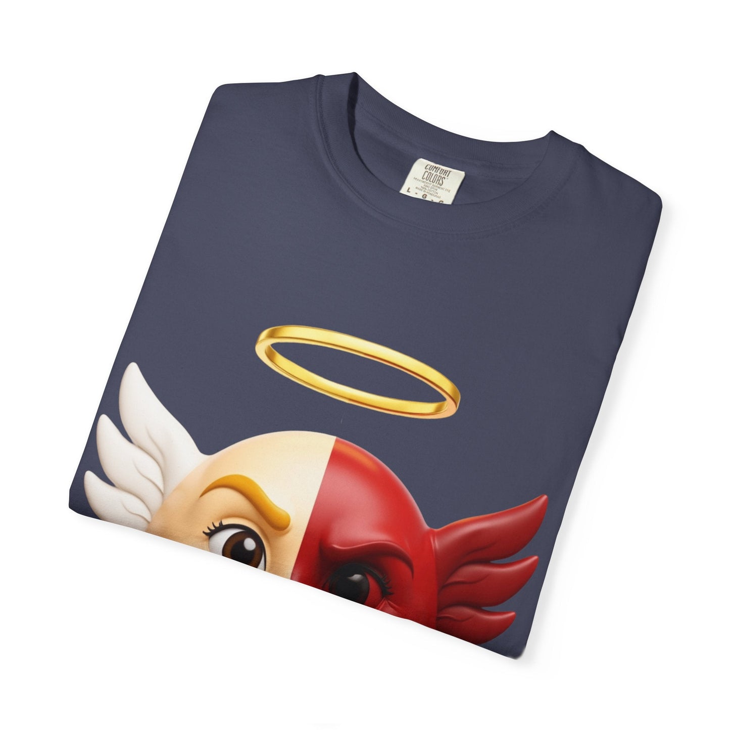 Angel Devil Split Face T-shirt | Duality Emoji Character Graphic – Custom T-Shirt by PixelCraft360, unique decoration for events and special gifts