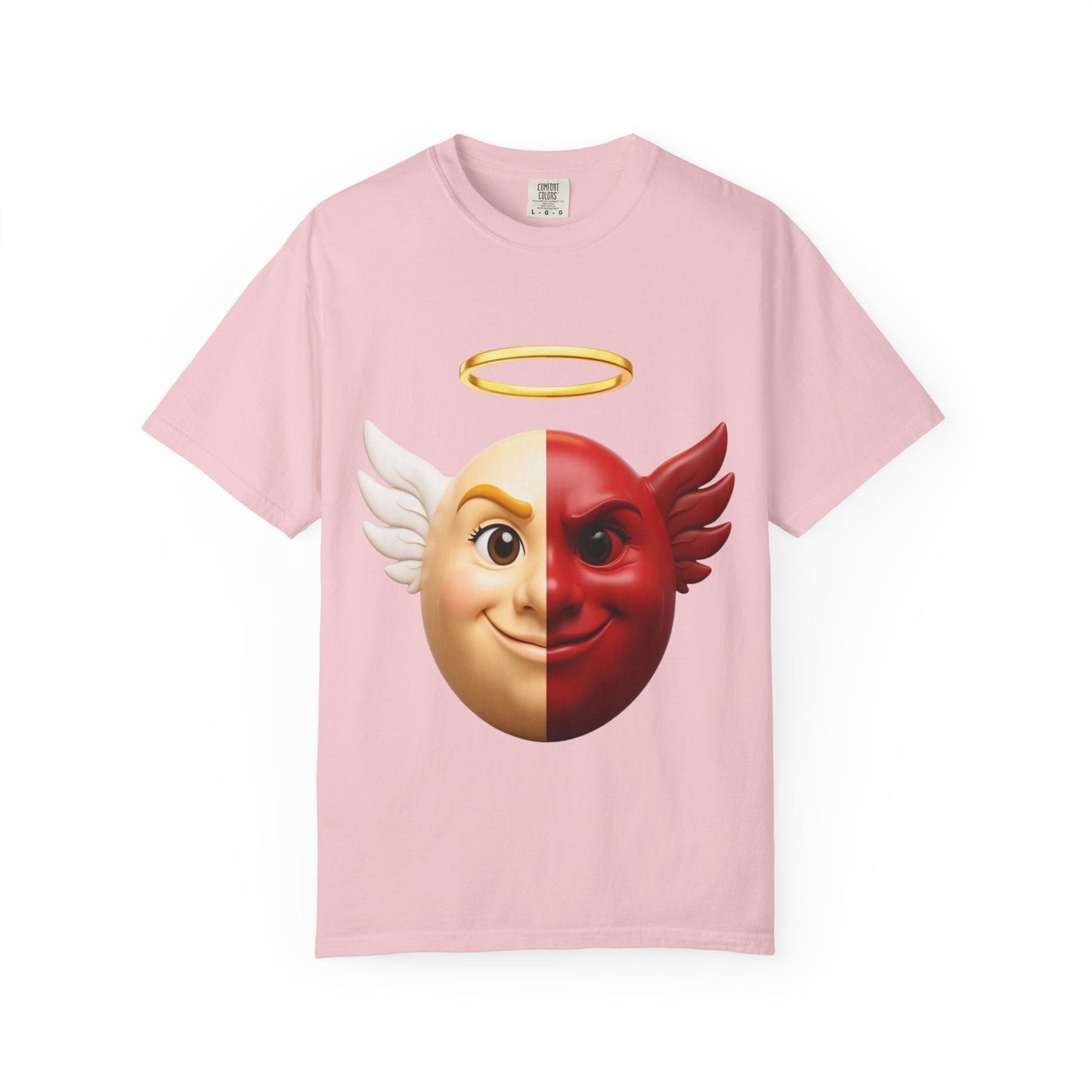 Angel Devil Split Face T-shirt | Duality Emoji Character Graphic – Custom T-Shirt by PixelCraft360, unique decoration for events and special gifts