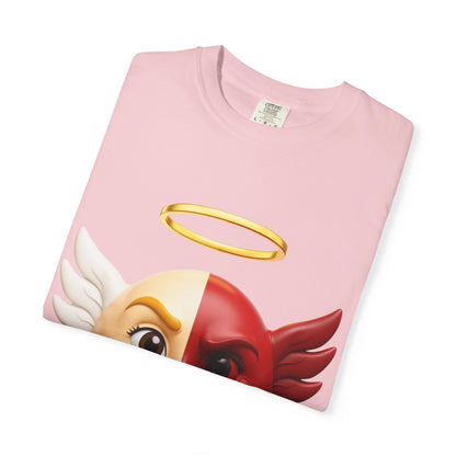 Angel Devil Split Face T-shirt | Duality Emoji Character Graphic – Custom T-Shirt by PixelCraft360, unique decoration for events and special gifts