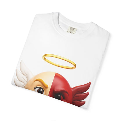 Angel Devil Split Face T-shirt | Duality Emoji Character Graphic – Custom T-Shirt by PixelCraft360, unique decoration for events and special gifts