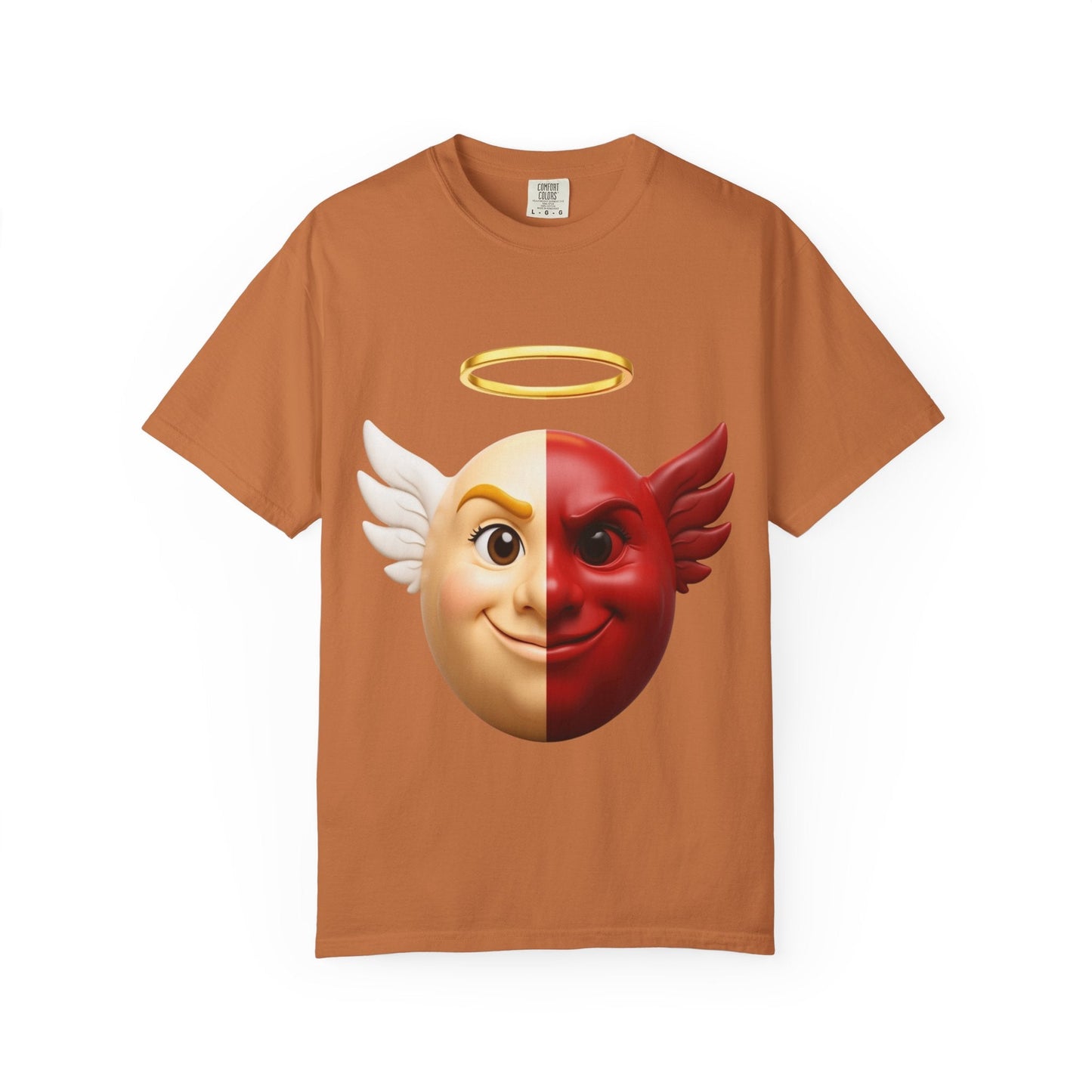 Angel Devil Split Face T-shirt | Duality Emoji Character Graphic – Custom T-Shirt by PixelCraft360, unique decoration for events and special gifts
