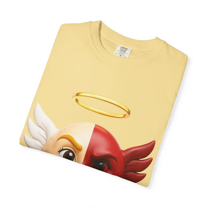 Angel Devil Split Face T-shirt | Duality Emoji Character Graphic – Custom T-Shirt by PixelCraft360, unique decoration for events and special gifts