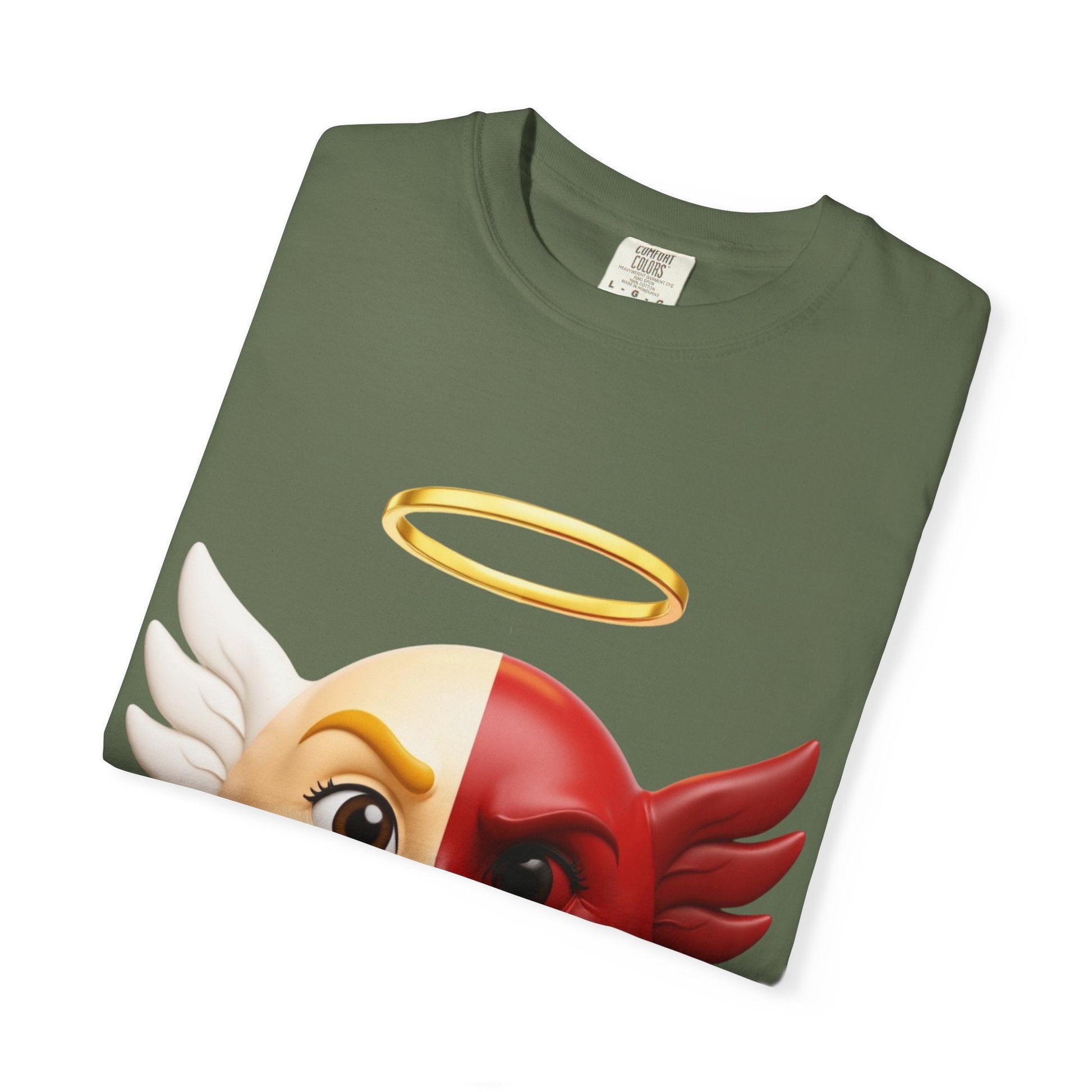 Angel Devil Split Face T-shirt | Duality Emoji Character Graphic – Custom T-Shirt by PixelCraft360, unique decoration for events and special gifts