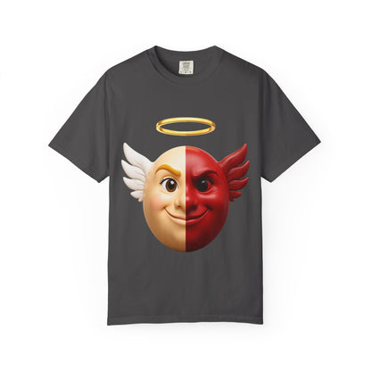 Angel Devil Split Face T-shirt | Duality Emoji Character Graphic – Custom T-Shirt by PixelCraft360, unique decoration for events and special gifts