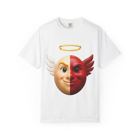 Angel Devil Split Face T-shirt | Duality Emoji Character Graphic – Custom T-Shirt by PixelCraft360, unique decoration for events and special gifts