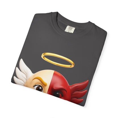 Angel Devil Split Face T-shirt | Duality Emoji Character Graphic – Custom T-Shirt by PixelCraft360, unique decoration for events and special gifts