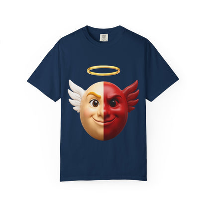 Angel Devil Split Face T-shirt | Duality Emoji Character Graphic – Custom T-Shirt by PixelCraft360, unique decoration for events and special gifts