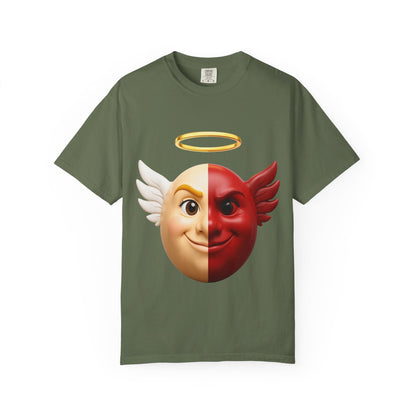 Angel Devil Split Face T-shirt | Duality Emoji Character Graphic – Custom T-Shirt by PixelCraft360, unique decoration for events and special gifts