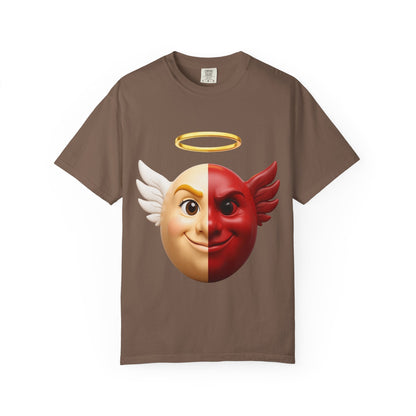 Angel Devil Split Face T-shirt | Duality Emoji Character Graphic – Custom T-Shirt by PixelCraft360, unique decoration for events and special gifts