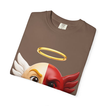 Angel Devil Split Face T-shirt | Duality Emoji Character Graphic – Custom T-Shirt by PixelCraft360, unique decoration for events and special gifts