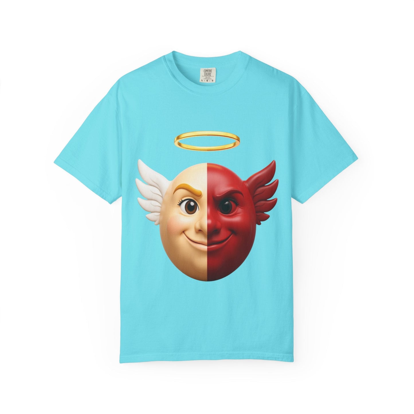 Angel Devil Split Face T-shirt | Duality Emoji Character Graphic – Custom T-Shirt by PixelCraft360, unique decoration for events and special gifts