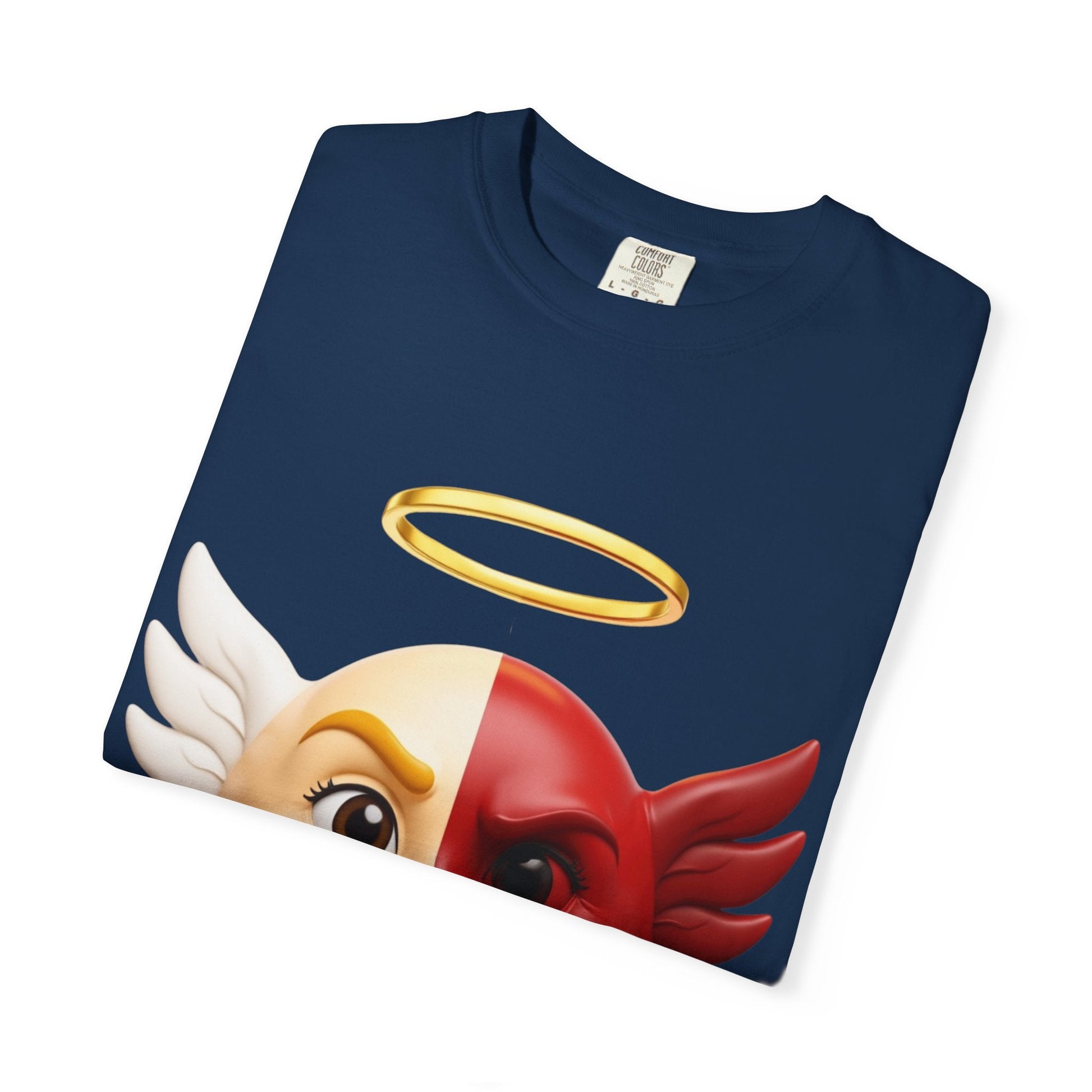 Angel Devil Split Face T-shirt | Duality Emoji Character Graphic – Custom T-Shirt by PixelCraft360, unique decoration for events and special gifts