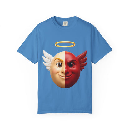 Angel Devil Split Face T-shirt | Duality Emoji Character Graphic – Custom T-Shirt by PixelCraft360, unique decoration for events and special gifts