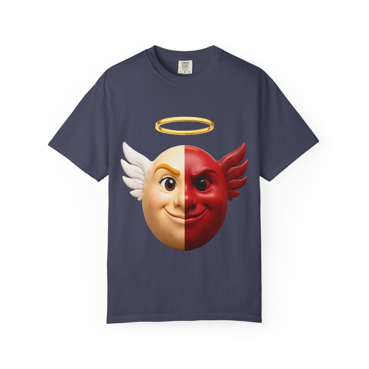 Angel Devil Split Face T-shirt | Duality Emoji Character Graphic – Custom T-Shirt by PixelCraft360, unique decoration for events and special gifts