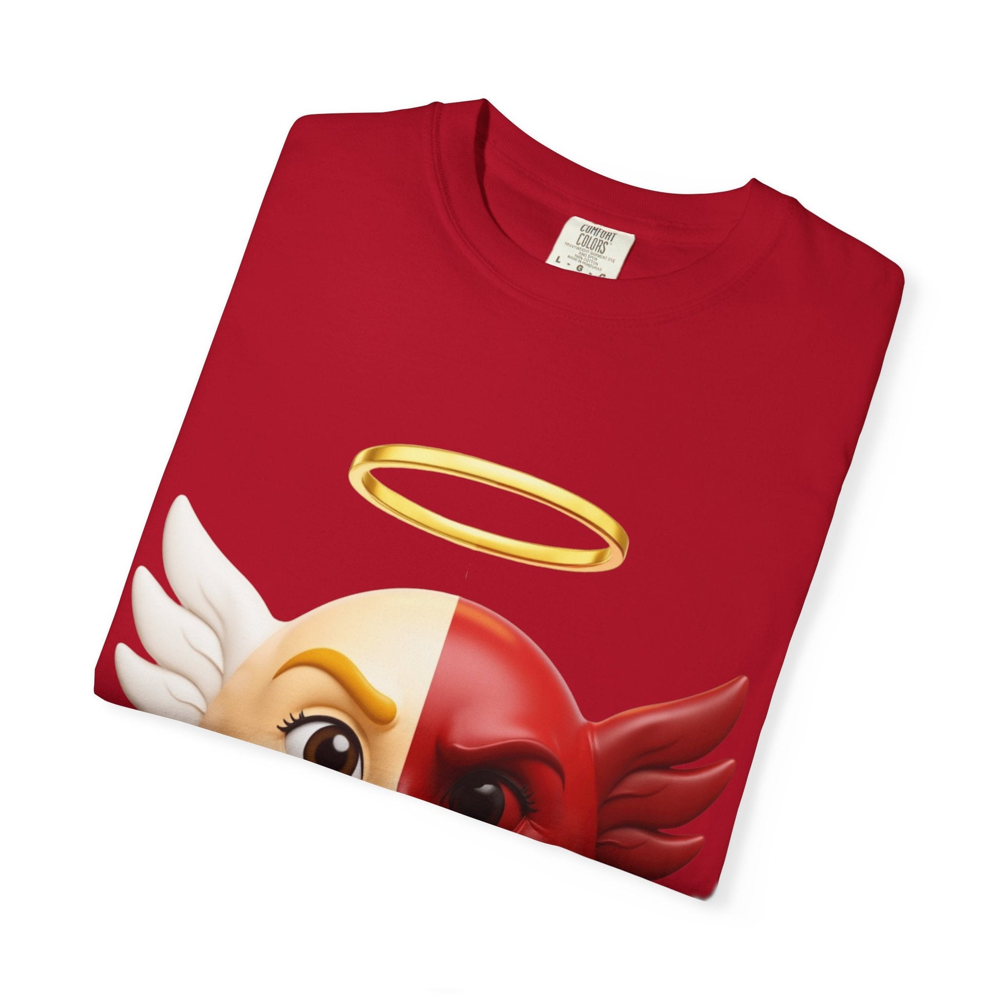 Angel Devil Split Face T-shirt | Duality Emoji Character Graphic – Custom T-Shirt by PixelCraft360, unique decoration for events and special gifts