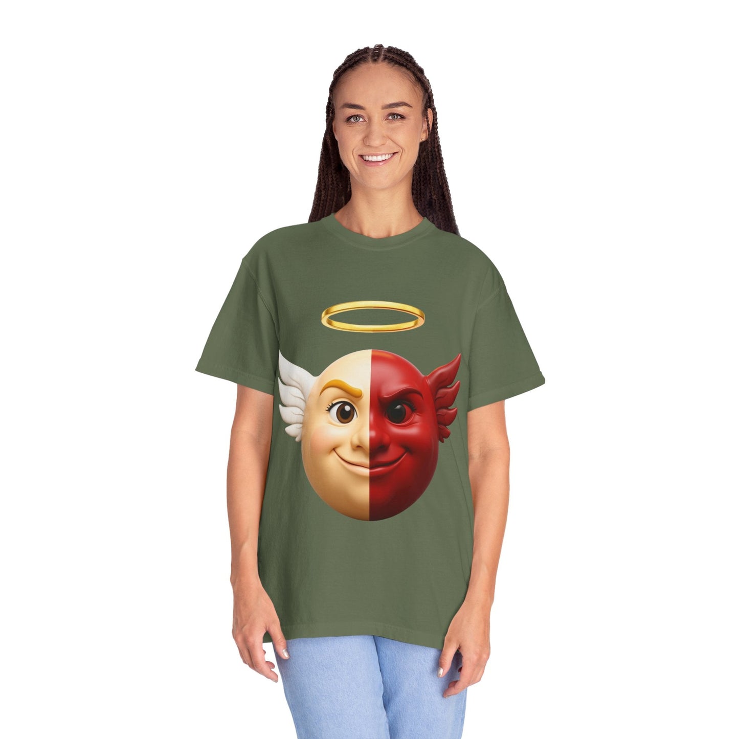 Angel Devil Split Face T-shirt | Duality Emoji Character Graphic – Custom T-Shirt by PixelCraft360, unique decoration for events and special gifts