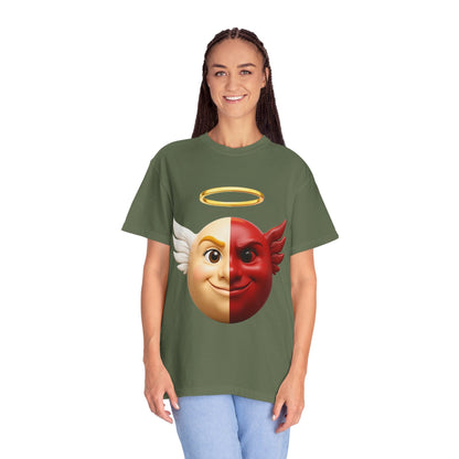 Angel Devil Split Face T-shirt | Duality Emoji Character Graphic – Custom T-Shirt by PixelCraft360, unique decoration for events and special gifts