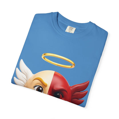Angel Devil Split Face T-shirt | Duality Emoji Character Graphic – Custom T-Shirt by PixelCraft360, unique decoration for events and special gifts