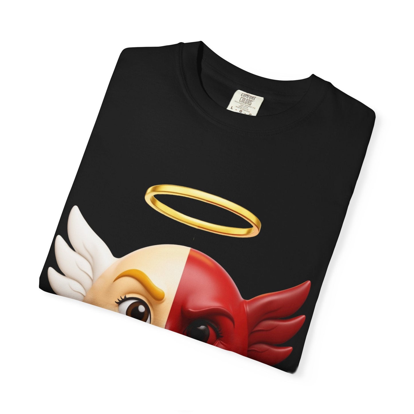 Angel Devil Split Face T-shirt | Duality Emoji Character Graphic – Custom T-Shirt by PixelCraft360, unique decoration for events and special gifts