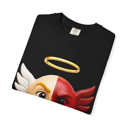 Angel Devil Split Face T-shirt | Duality Emoji Character Graphic – Custom T-Shirt by PixelCraft360, unique decoration for events and special gifts