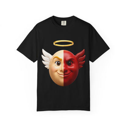 Angel Devil Split Face T-shirt | Duality Emoji Character Graphic – Custom T-Shirt by PixelCraft360, unique decoration for events and special gifts