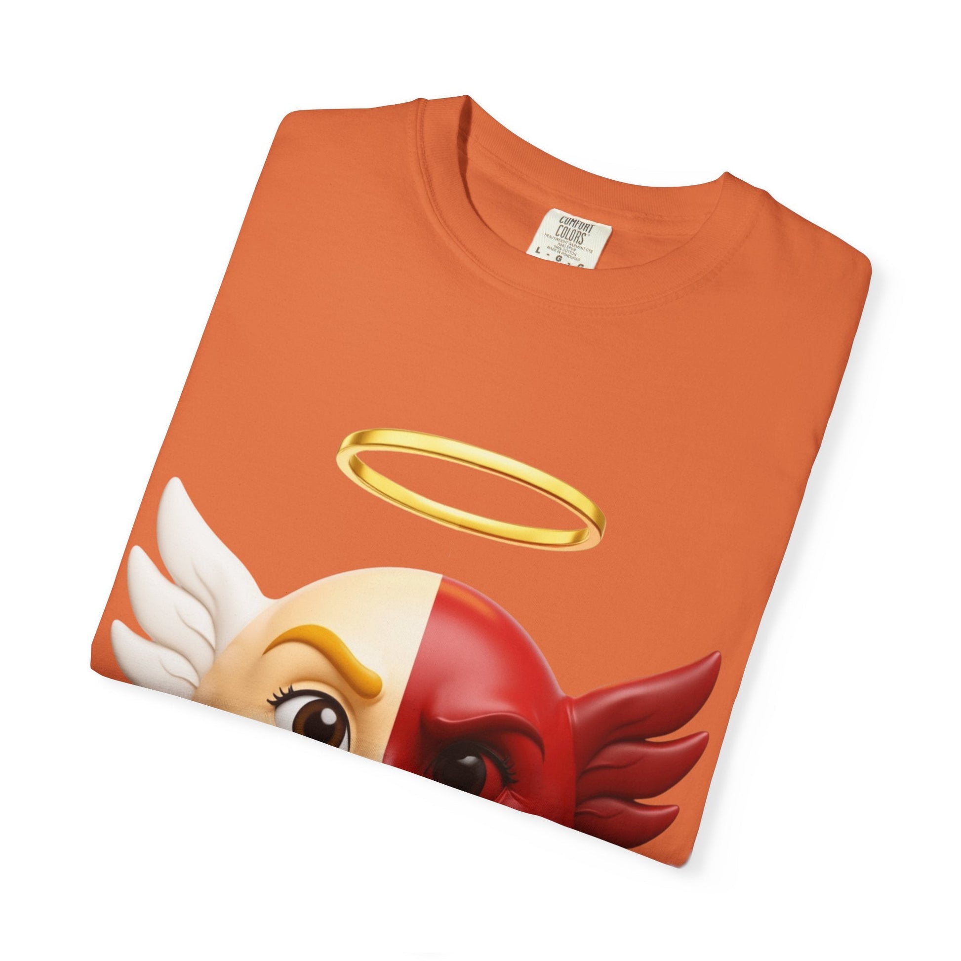 Angel Devil Split Face T-shirt | Duality Emoji Character Graphic – Custom T-Shirt by PixelCraft360, unique decoration for events and special gifts