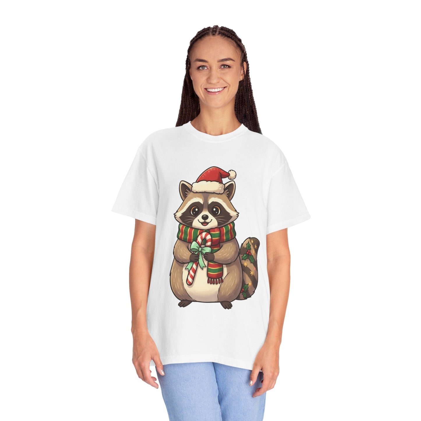 Christmas Raccoon Delight: Festive Kawaii Holiday Charm, Cute Animal Illustration T-shirt – Custom T-Shirt by PixelCraft360, unique decoration for events and special gifts