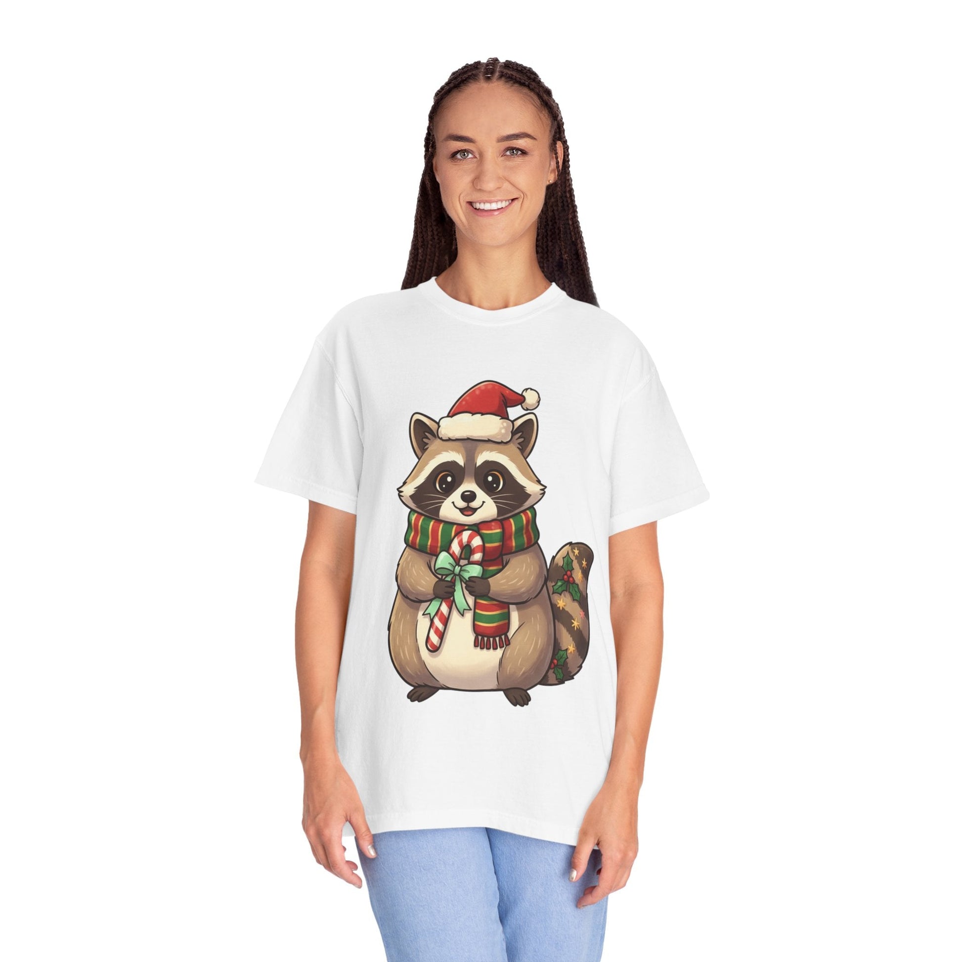 Christmas Raccoon Delight: Festive Kawaii Holiday Charm, Cute Animal Illustration T-shirt – Custom T-Shirt by PixelCraft360, unique decoration for events and special gifts