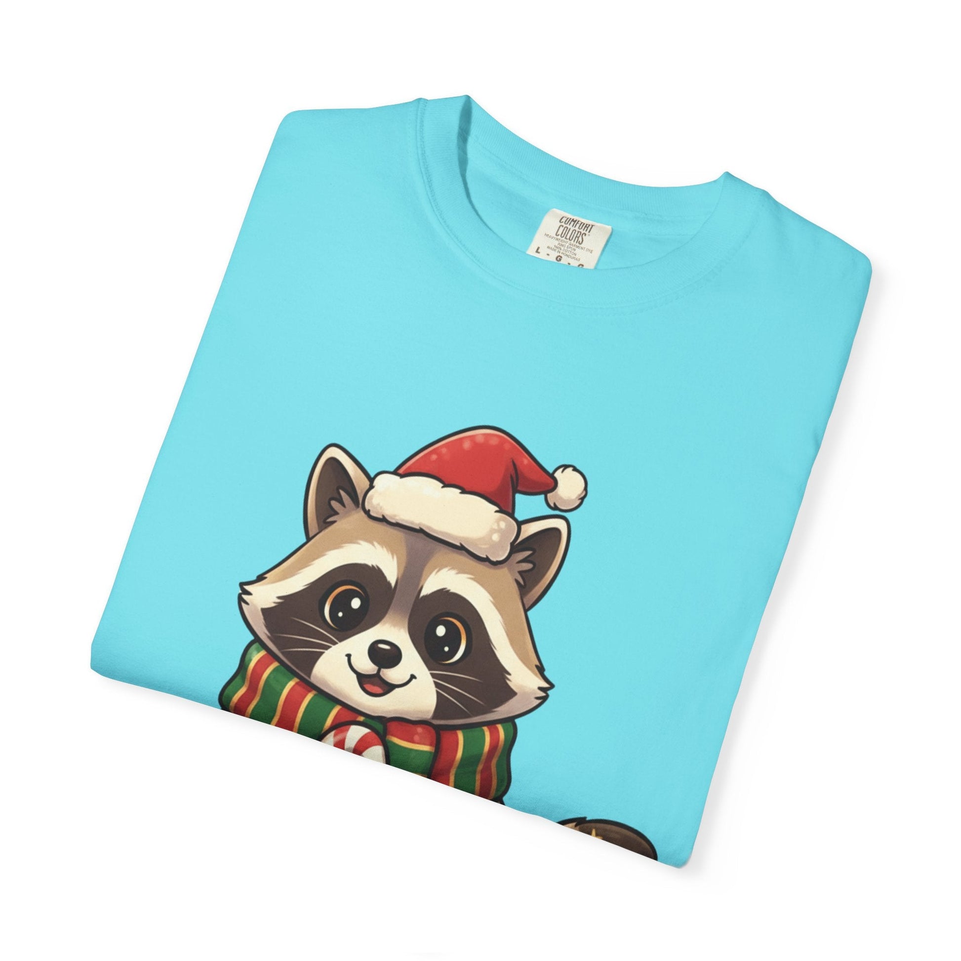 Christmas Raccoon Delight: Festive Kawaii Holiday Charm, Cute Animal Illustration T-shirt – Custom T-Shirt by PixelCraft360, unique decoration for events and special gifts