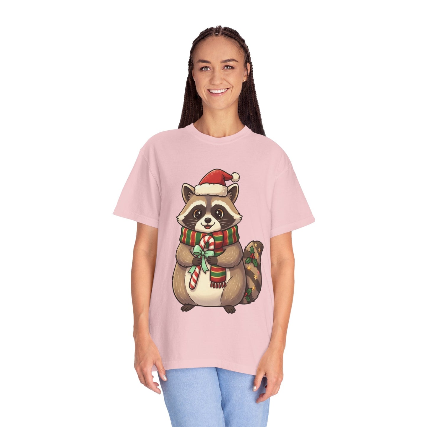 Christmas Raccoon Delight: Festive Kawaii Holiday Charm, Cute Animal Illustration T-shirt – Custom T-Shirt by PixelCraft360, unique decoration for events and special gifts