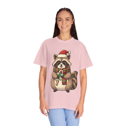 Christmas Raccoon Delight: Festive Kawaii Holiday Charm, Cute Animal Illustration T-shirt – Custom T-Shirt by PixelCraft360, unique decoration for events and special gifts