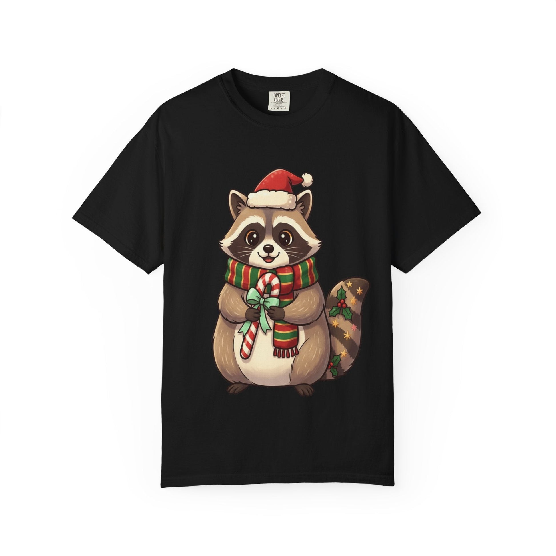 Christmas Raccoon Delight: Festive Kawaii Holiday Charm, Cute Animal Illustration T-shirt – Custom T-Shirt by PixelCraft360, unique decoration for events and special gifts