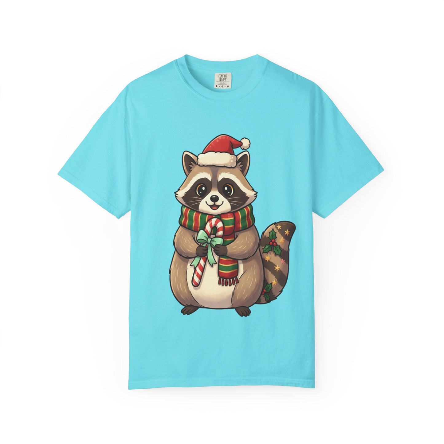 Christmas Raccoon Delight: Festive Kawaii Holiday Charm, Cute Animal Illustration T-shirt – Custom T-Shirt by PixelCraft360, unique decoration for events and special gifts
