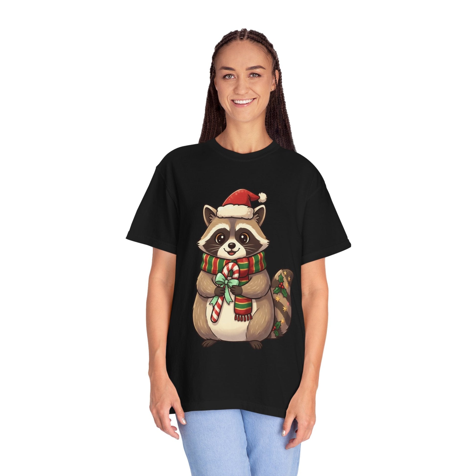 Christmas Raccoon Delight: Festive Kawaii Holiday Charm, Cute Animal Illustration T-shirt – Custom T-Shirt by PixelCraft360, unique decoration for events and special gifts