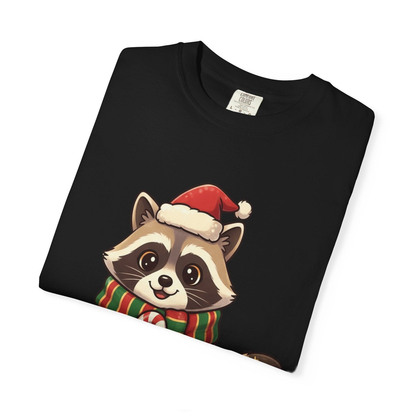 Christmas Raccoon Delight: Festive Kawaii Holiday Charm, Cute Animal Illustration T-shirt – Custom T-Shirt by PixelCraft360, unique decoration for events and special gifts