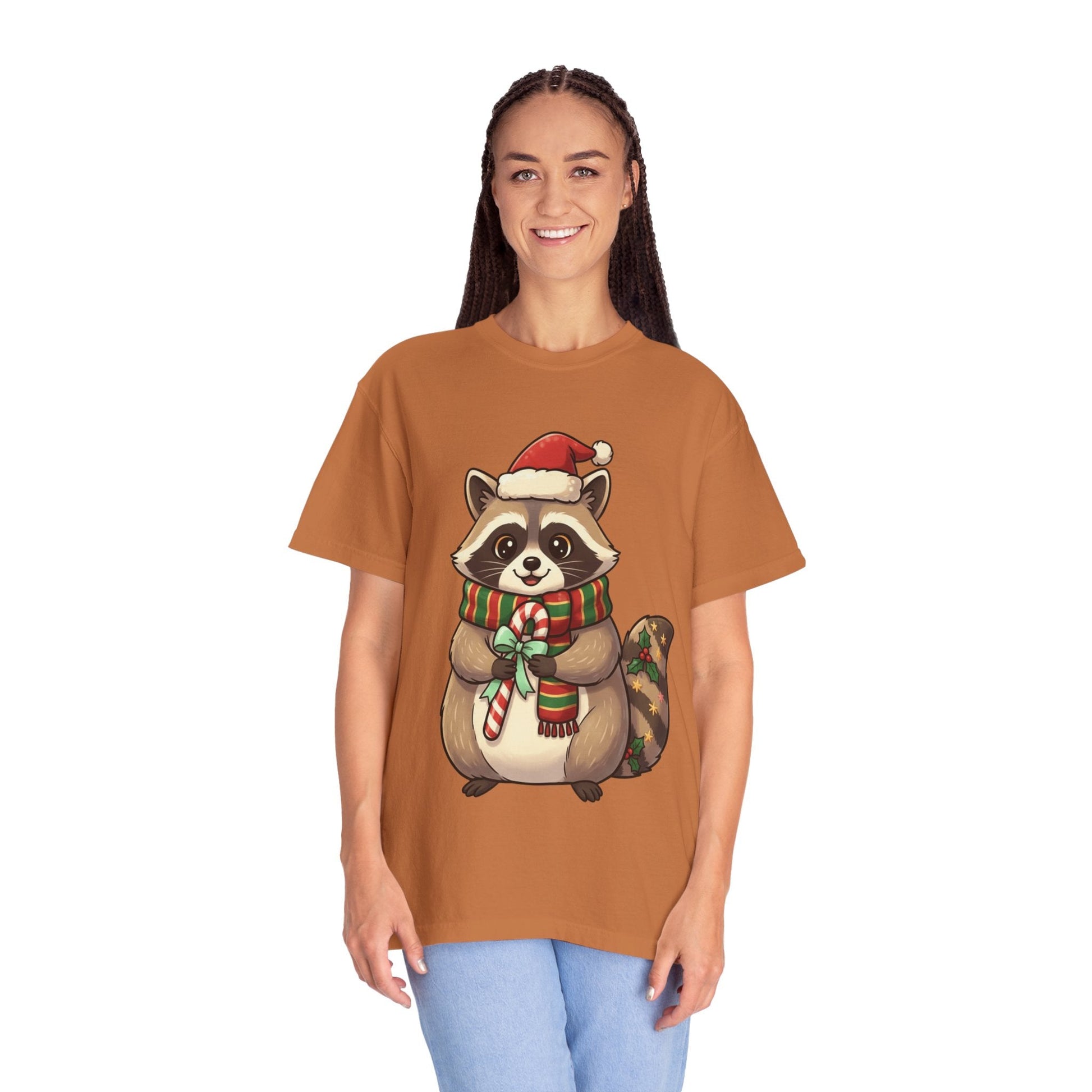 Christmas Raccoon Delight: Festive Kawaii Holiday Charm, Cute Animal Illustration T-shirt – Custom T-Shirt by PixelCraft360, unique decoration for events and special gifts