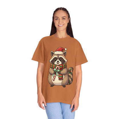 Christmas Raccoon Delight: Festive Kawaii Holiday Charm, Cute Animal Illustration T-shirt – Custom T-Shirt by PixelCraft360, unique decoration for events and special gifts