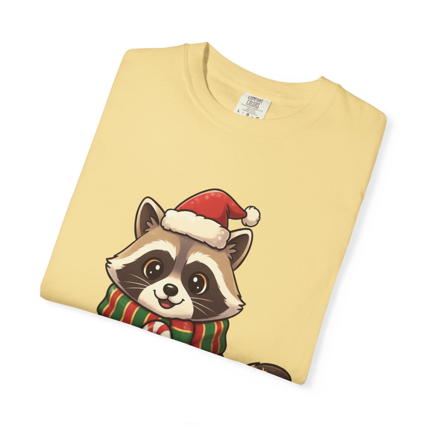 Christmas Raccoon Delight: Festive Kawaii Holiday Charm, Cute Animal Illustration T-shirt – Custom T-Shirt by PixelCraft360, unique decoration for events and special gifts