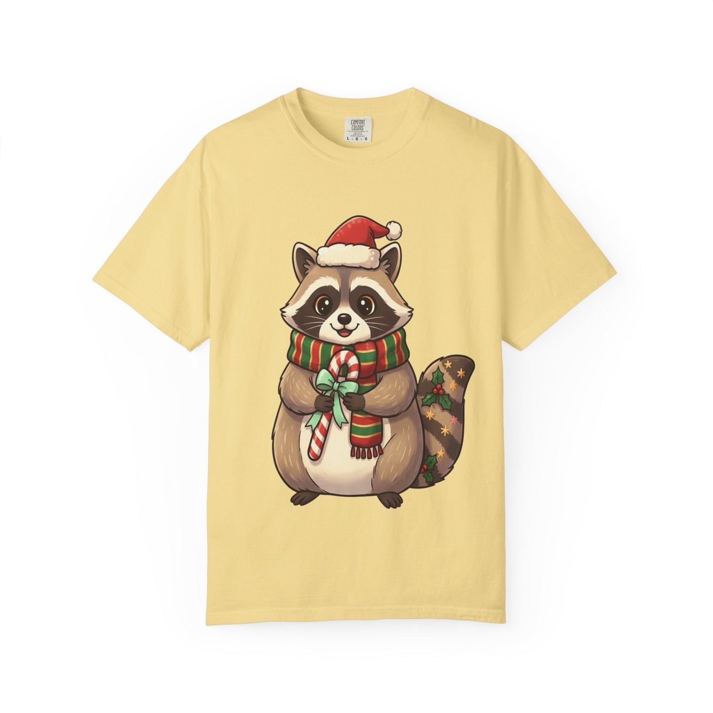 Christmas Raccoon Delight: Festive Kawaii Holiday Charm, Cute Animal Illustration T-shirt – Custom T-Shirt by PixelCraft360, unique decoration for events and special gifts
