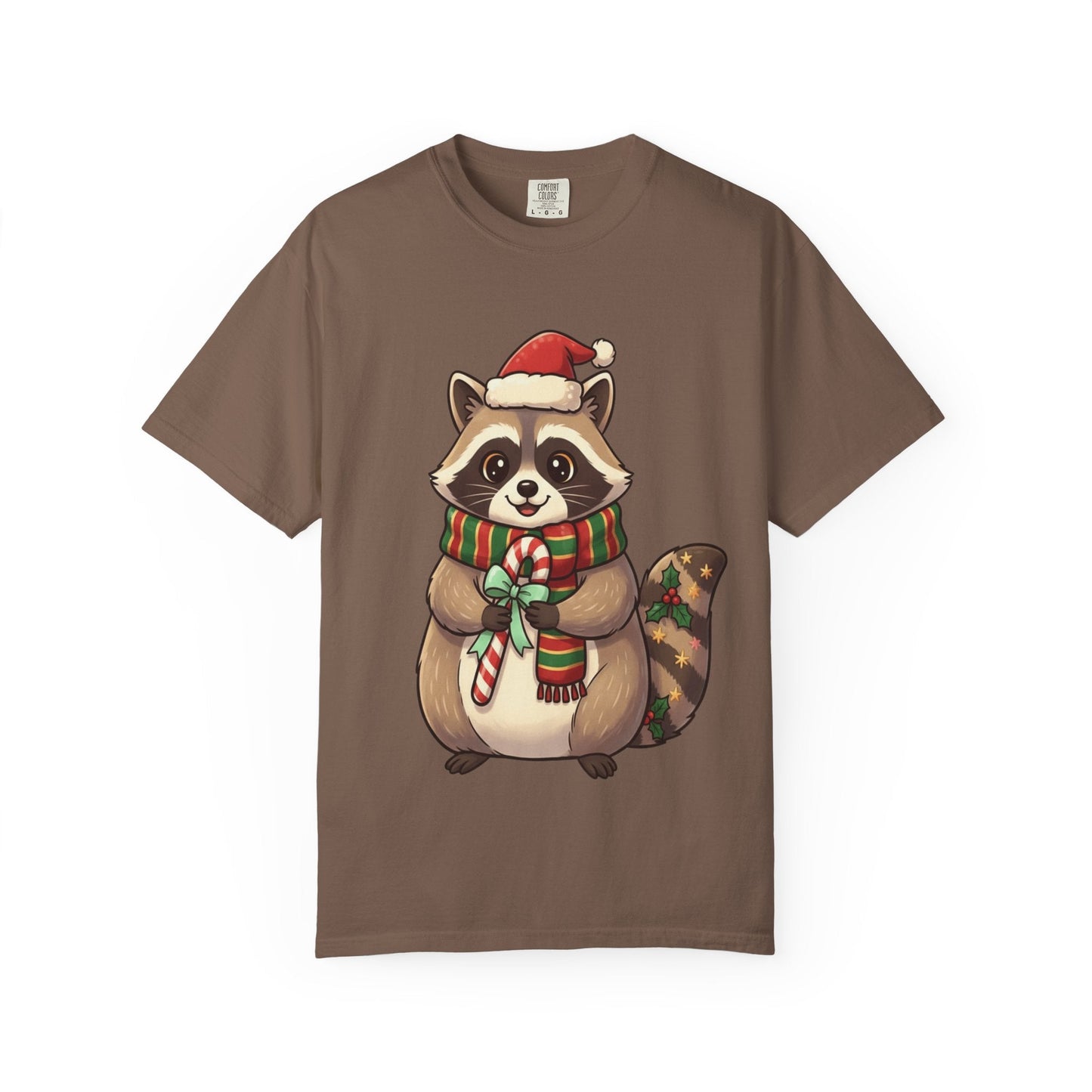 Christmas Raccoon Delight: Festive Kawaii Holiday Charm, Cute Animal Illustration T-shirt – Custom T-Shirt by PixelCraft360, unique decoration for events and special gifts