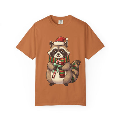 Christmas Raccoon Delight: Festive Kawaii Holiday Charm, Cute Animal Illustration T-shirt – Custom T-Shirt by PixelCraft360, unique decoration for events and special gifts