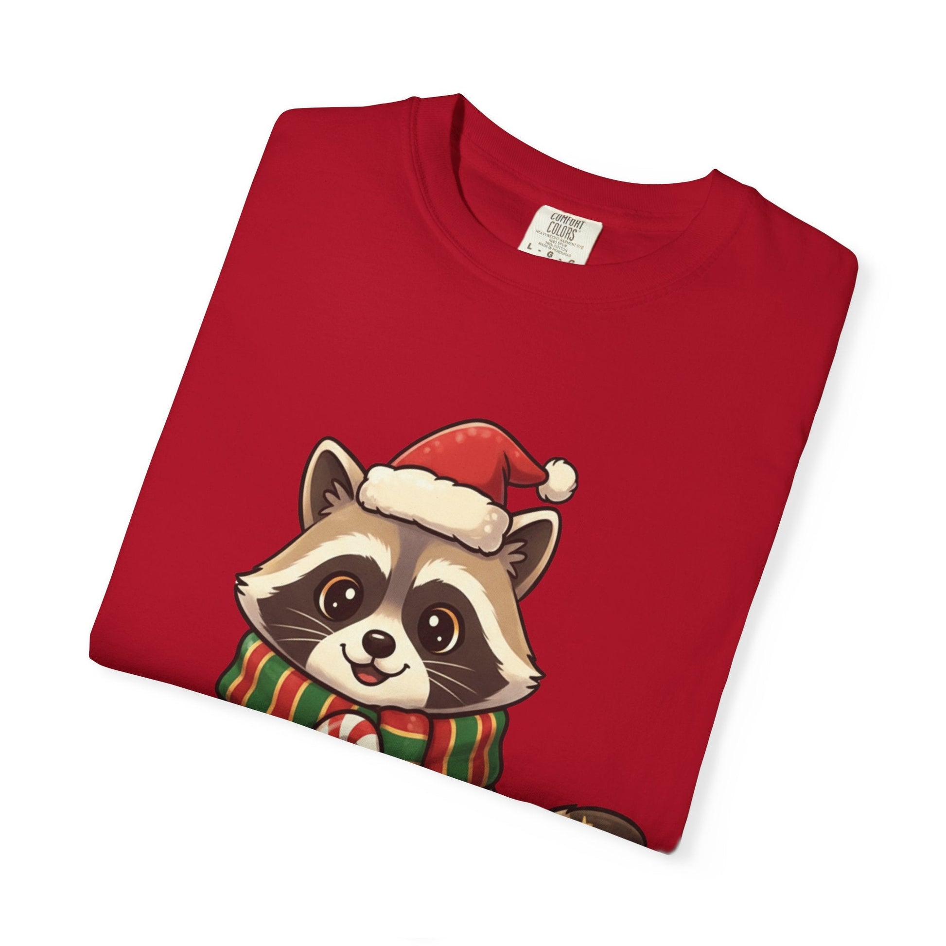 Christmas Raccoon Delight: Festive Kawaii Holiday Charm, Cute Animal Illustration T-shirt – Custom T-Shirt by PixelCraft360, unique decoration for events and special gifts