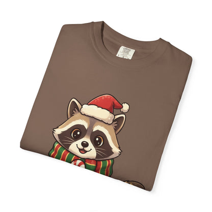 Christmas Raccoon Delight: Festive Kawaii Holiday Charm, Cute Animal Illustration T-shirt – Custom T-Shirt by PixelCraft360, unique decoration for events and special gifts
