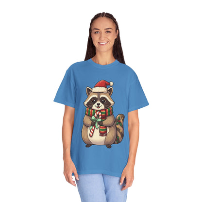 Christmas Raccoon Delight: Festive Kawaii Holiday Charm, Cute Animal Illustration T-shirt – Custom T-Shirt by PixelCraft360, unique decoration for events and special gifts