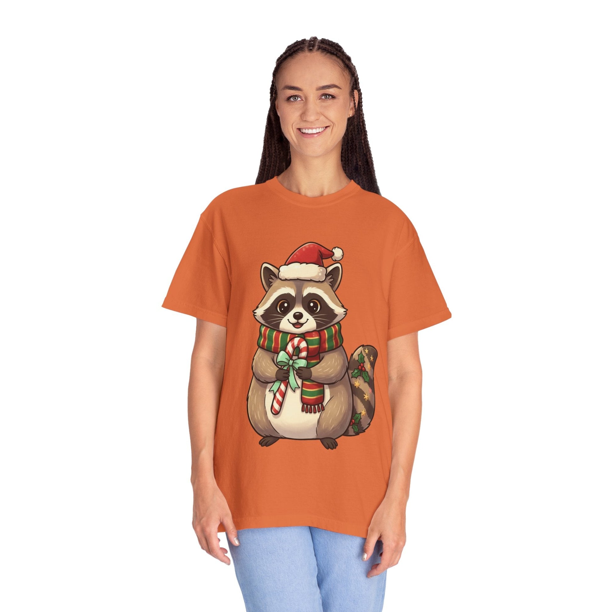 Christmas Raccoon Delight: Festive Kawaii Holiday Charm, Cute Animal Illustration T-shirt – Custom T-Shirt by PixelCraft360, unique decoration for events and special gifts