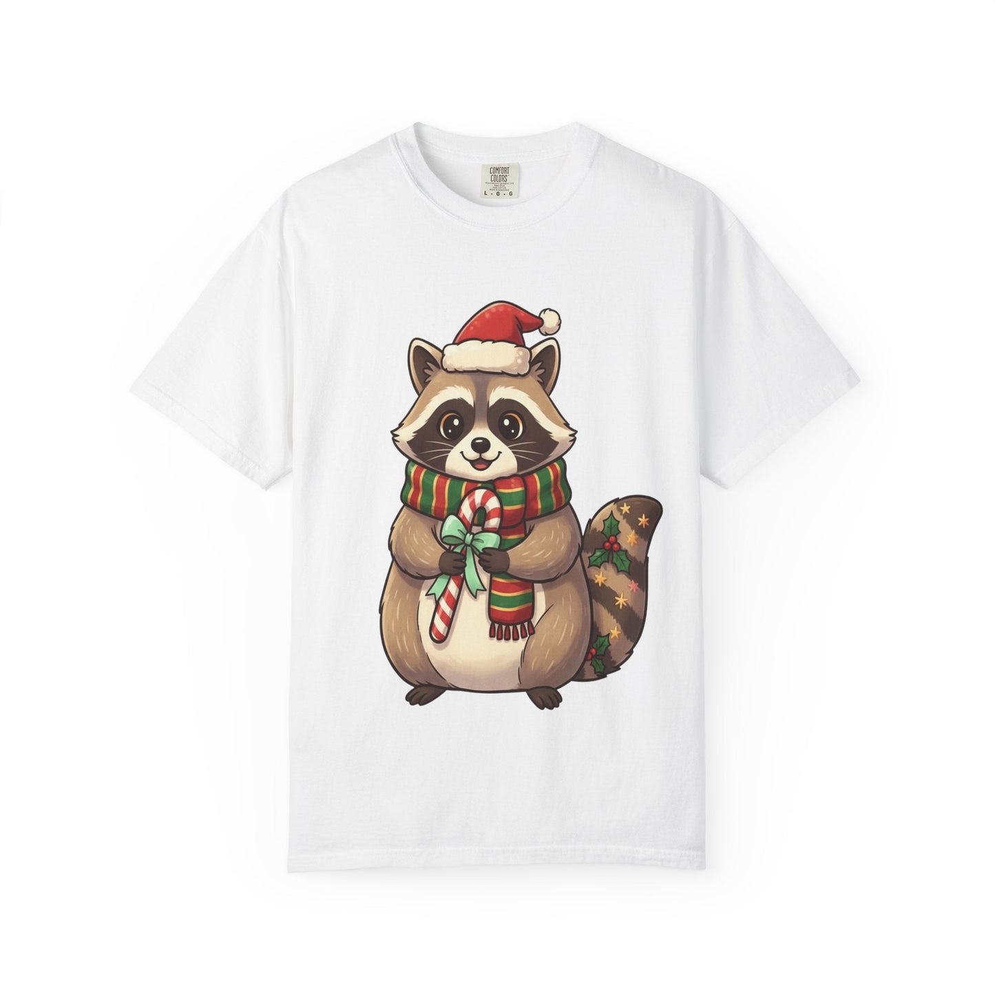 Christmas Raccoon Delight: Festive Kawaii Holiday Charm, Cute Animal Illustration T-shirt – Custom T-Shirt by PixelCraft360, unique decoration for events and special gifts