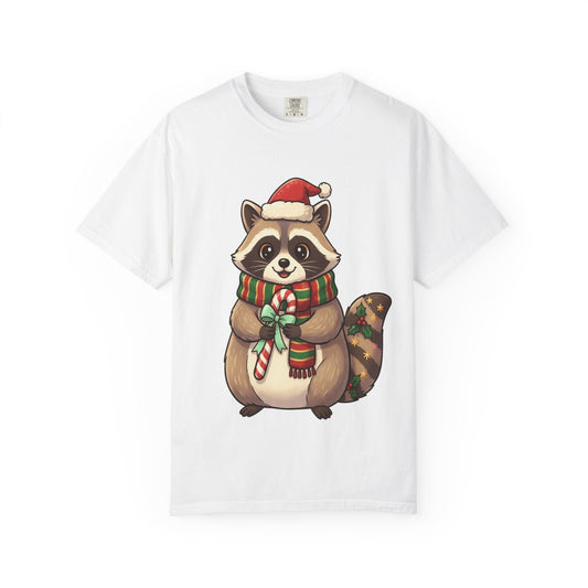 Christmas Raccoon Delight: Festive Kawaii Holiday Charm, Cute Animal Illustration T-shirt – Custom T-Shirt by PixelCraft360, unique decoration for events and special gifts