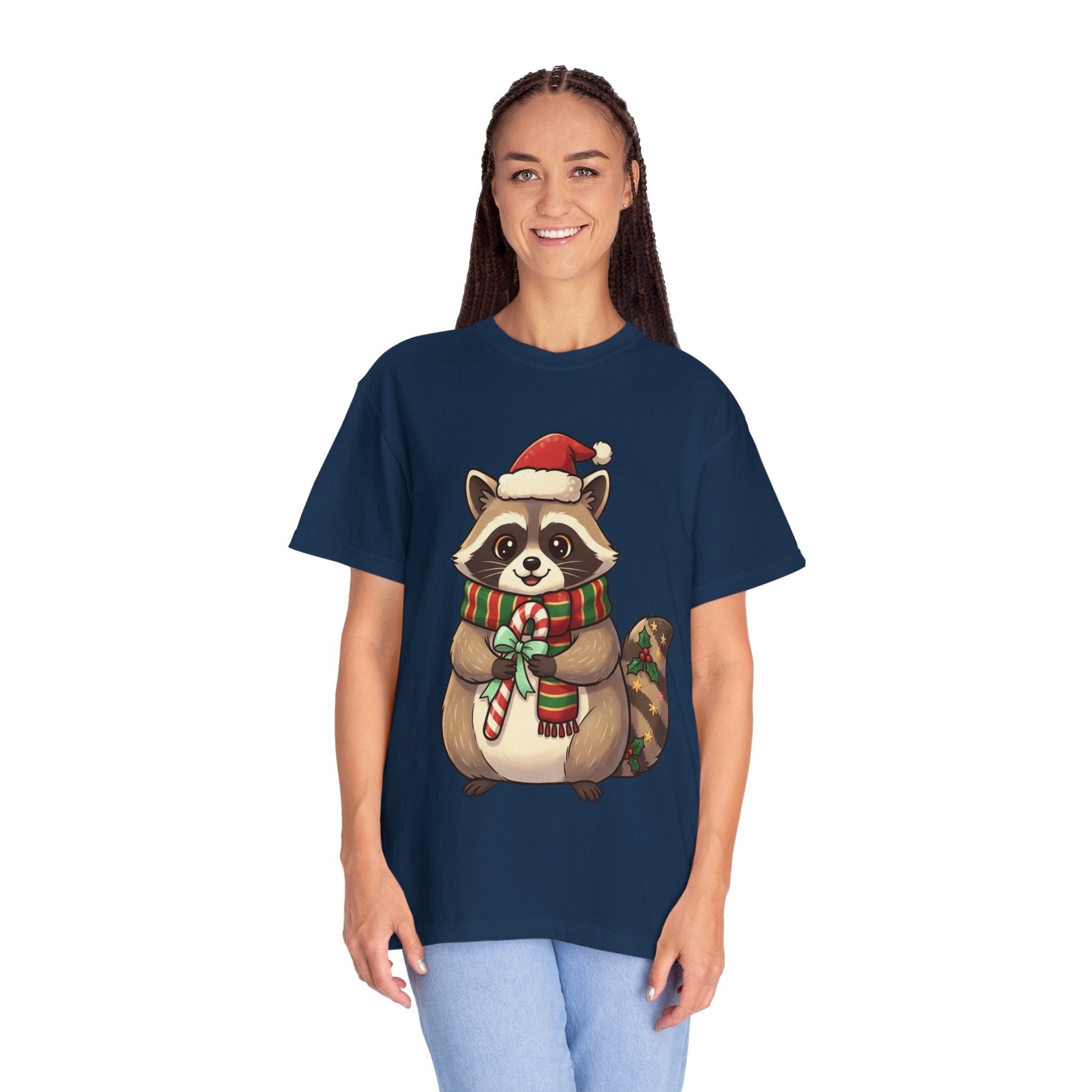 Christmas Raccoon Delight: Festive Kawaii Holiday Charm, Cute Animal Illustration T-shirt – Custom T-Shirt by PixelCraft360, unique decoration for events and special gifts